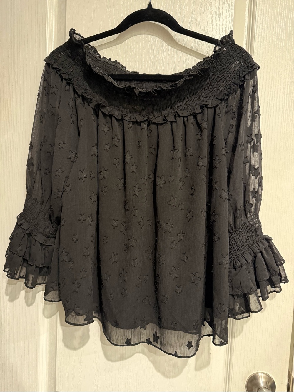 entro Black Off-Shoulder Ruffle Star-Embroidered Blouse